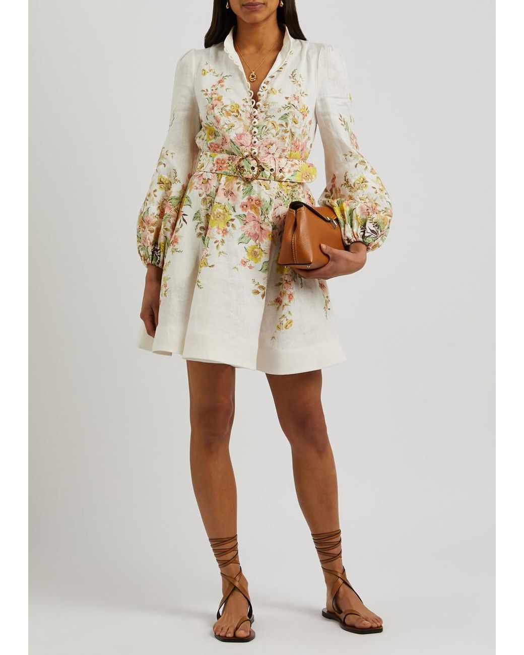knee length dresses for ladies Zimmerman Matchmaker Flutter Mini Dress Yellow Hibiscus  blueandcream
