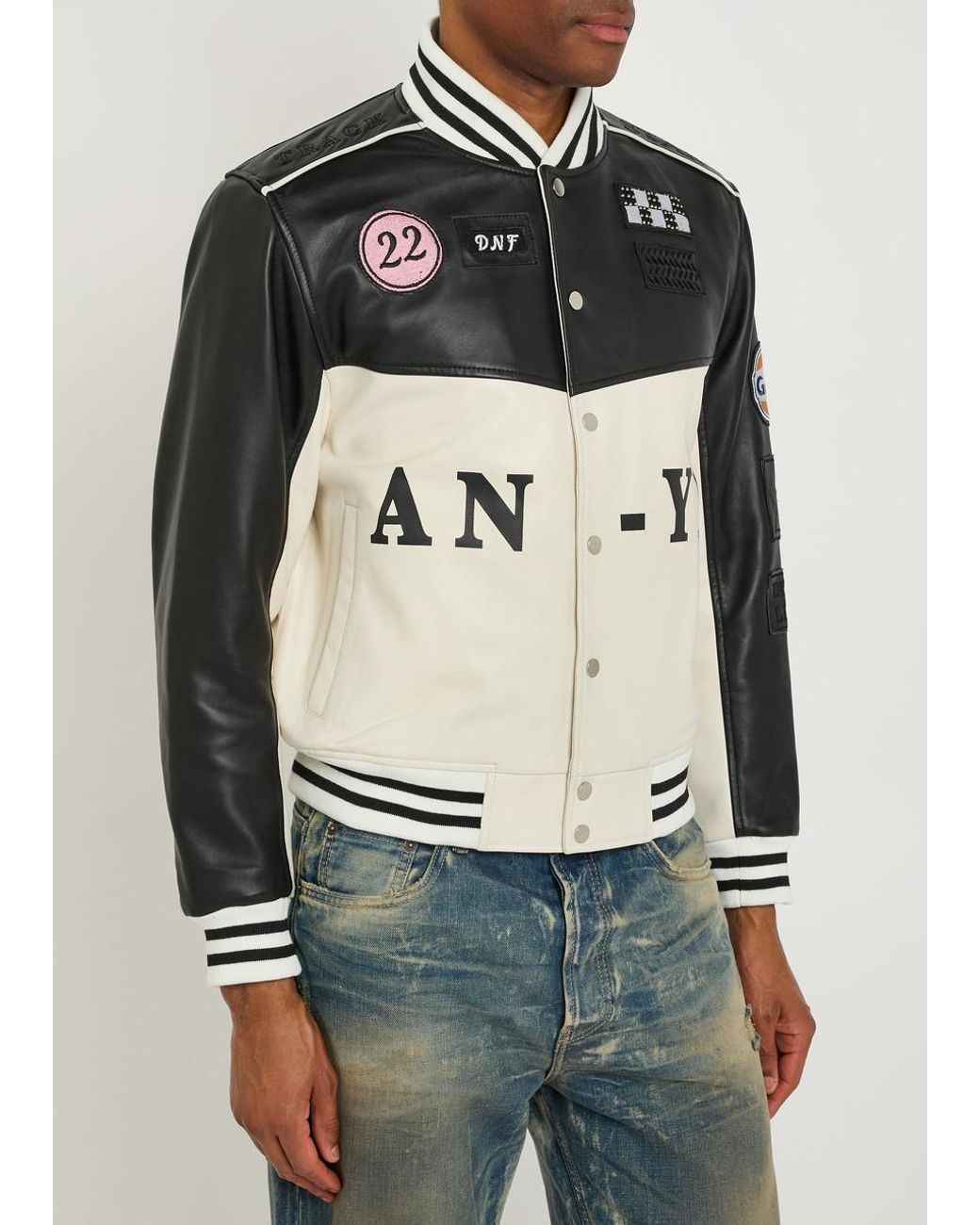 AN-Y1 Black Appliquéd Padded Leather Bomber Jacket for men