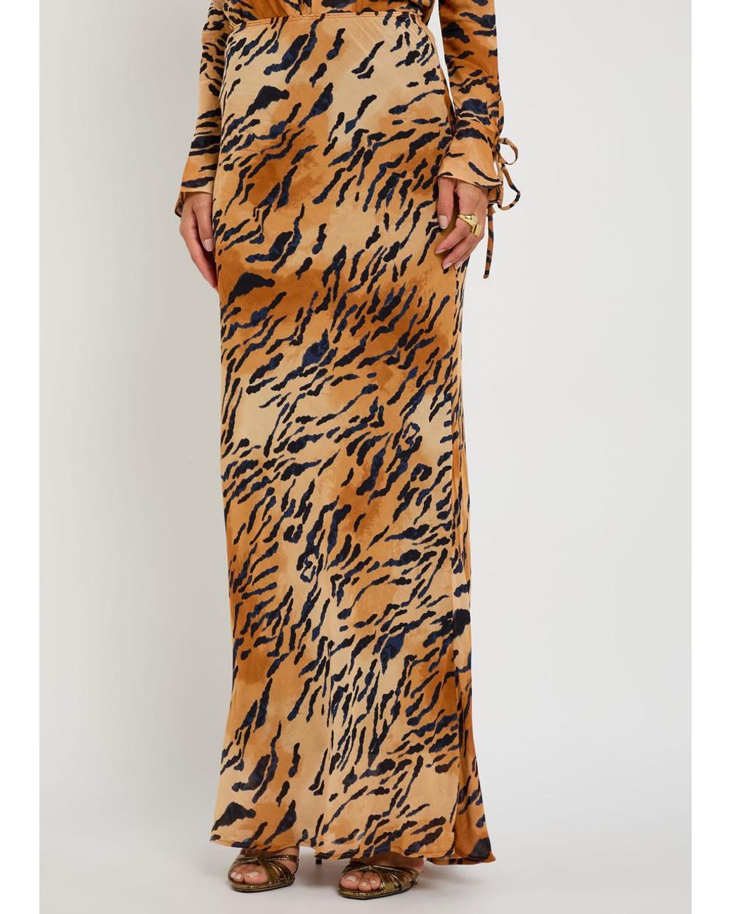 Never Fully Dressed Metallic Dorris Tiger-Print Chiffon Maxi Skirt