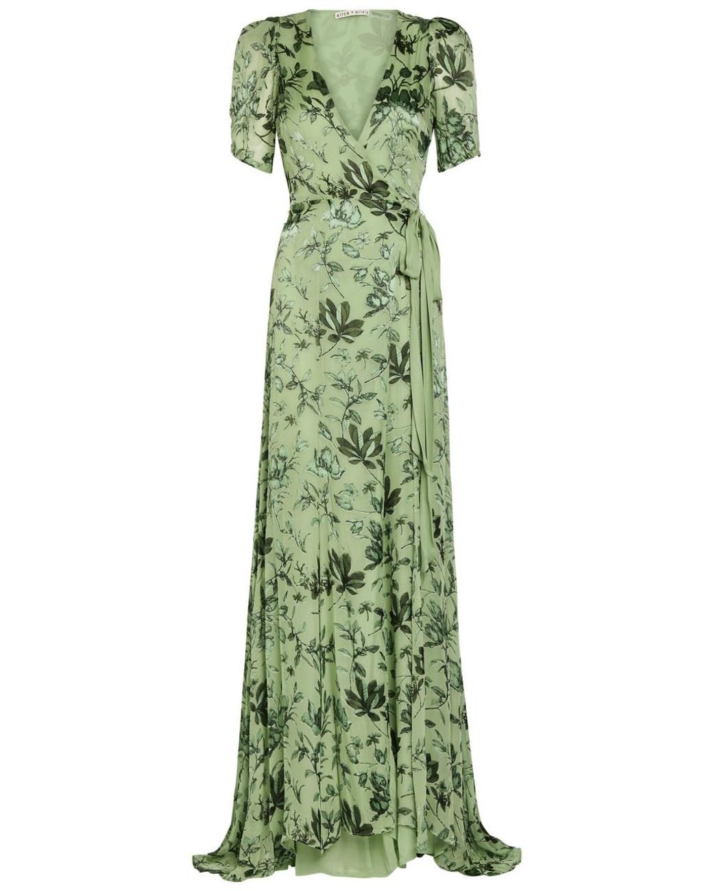 Alice + Olivia Tiana Devor Chiffon Maxi Wrap Dress in Green | Lyst