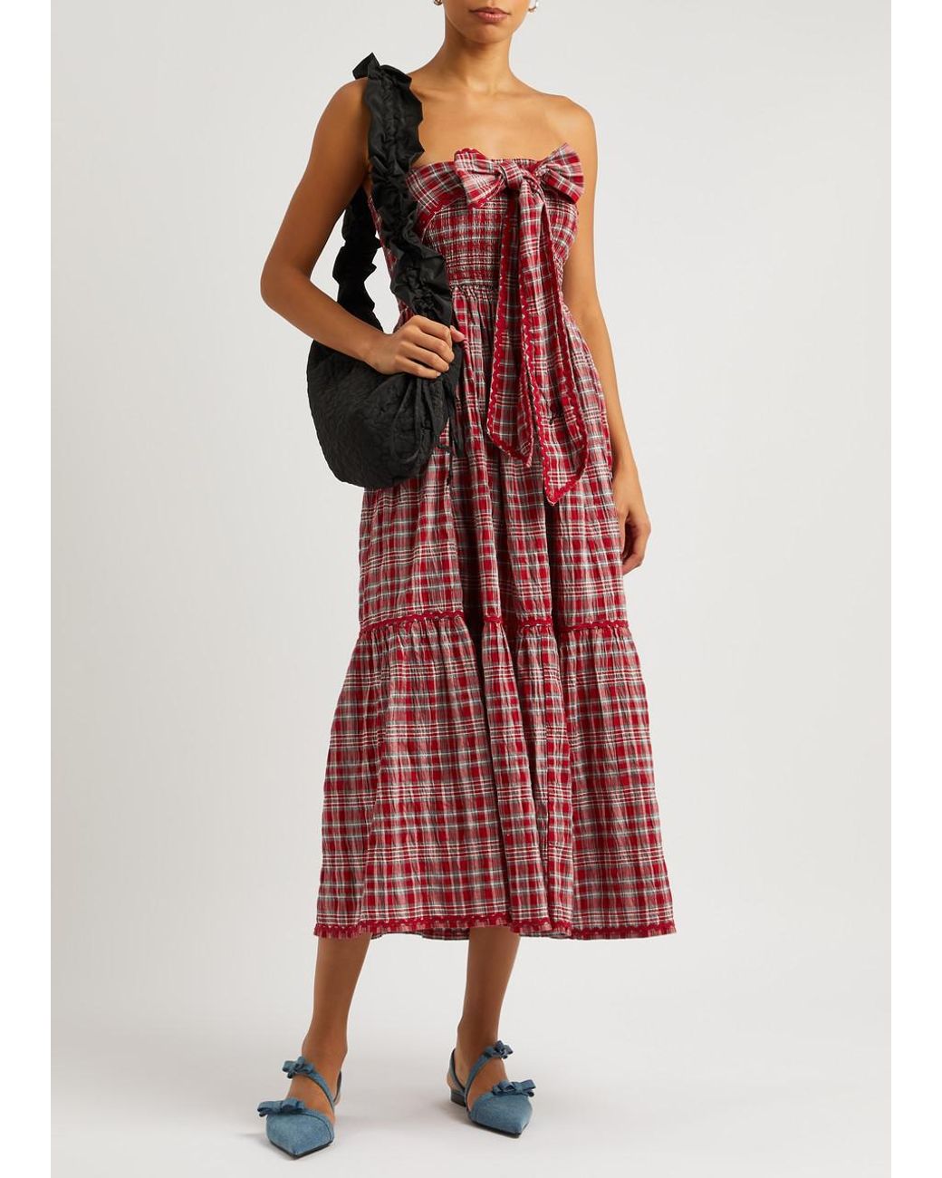 Damson Madder Pia Checked Cotton Midi Dress in Red | Lyst