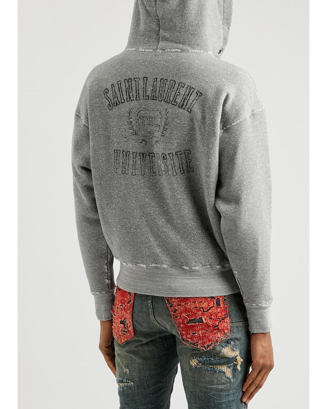 Saint Laurent Distressed Hooded Cotton Sweatshirt in Grey for Men