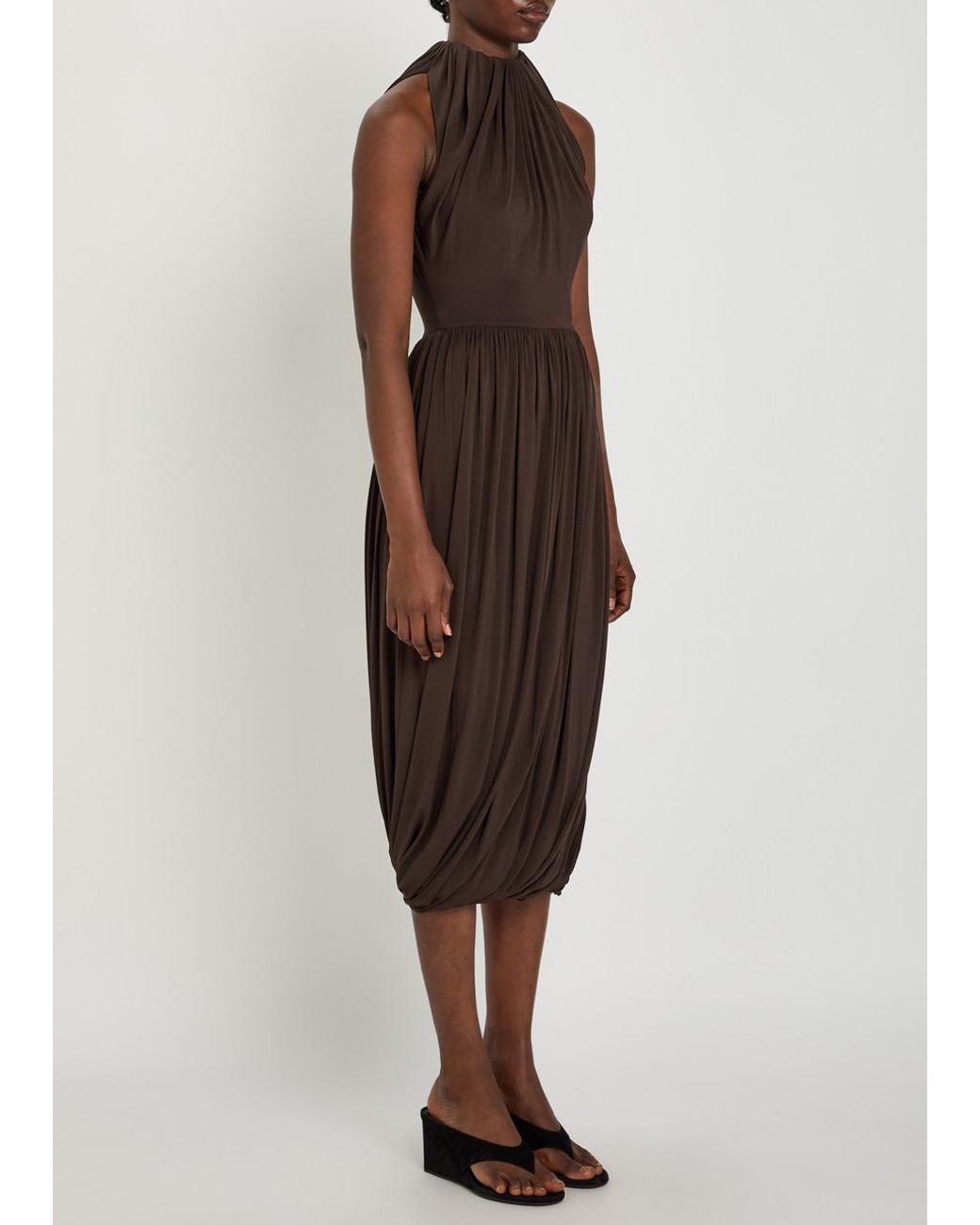 Alaïa Gray Sculpting Ruched Wool Midi Dress