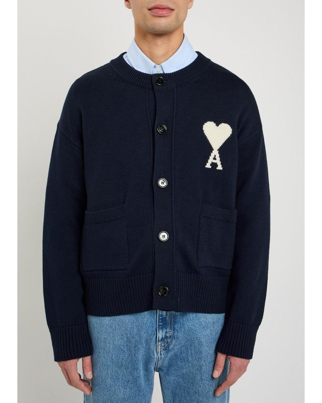 AMI Blue Logo-Intarsia Wool-Blend Cardigan for men