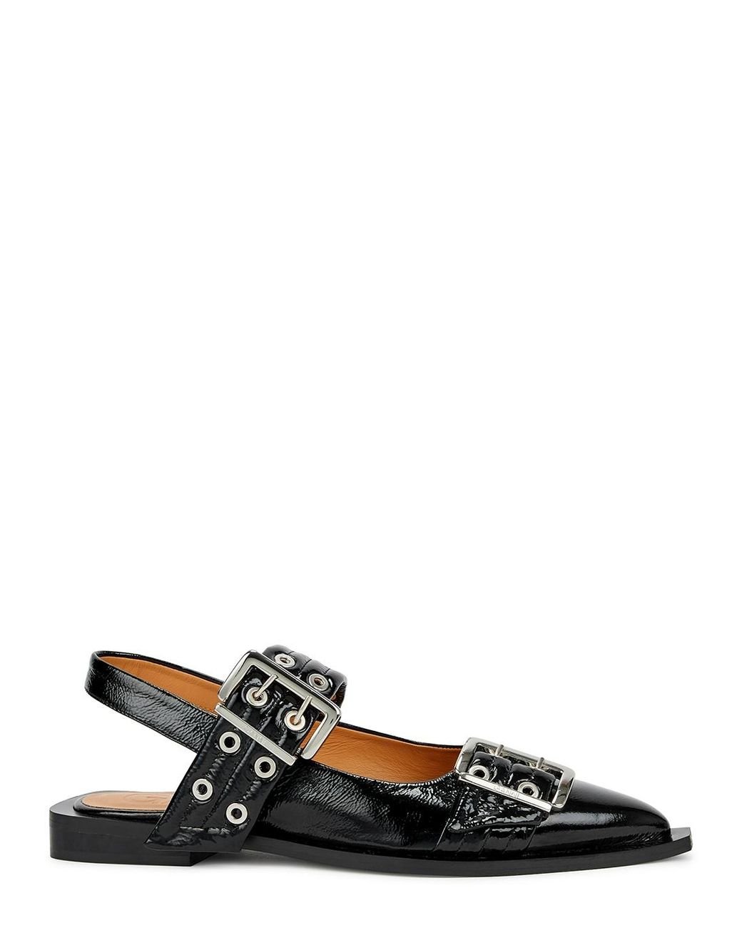 Ganni Buckle Ballerina Patent Leather Slingback Flats in Black Lyst