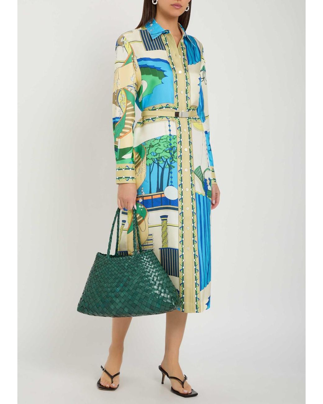 Tory Burch Blue Printed Silk Midi Shirt Dress