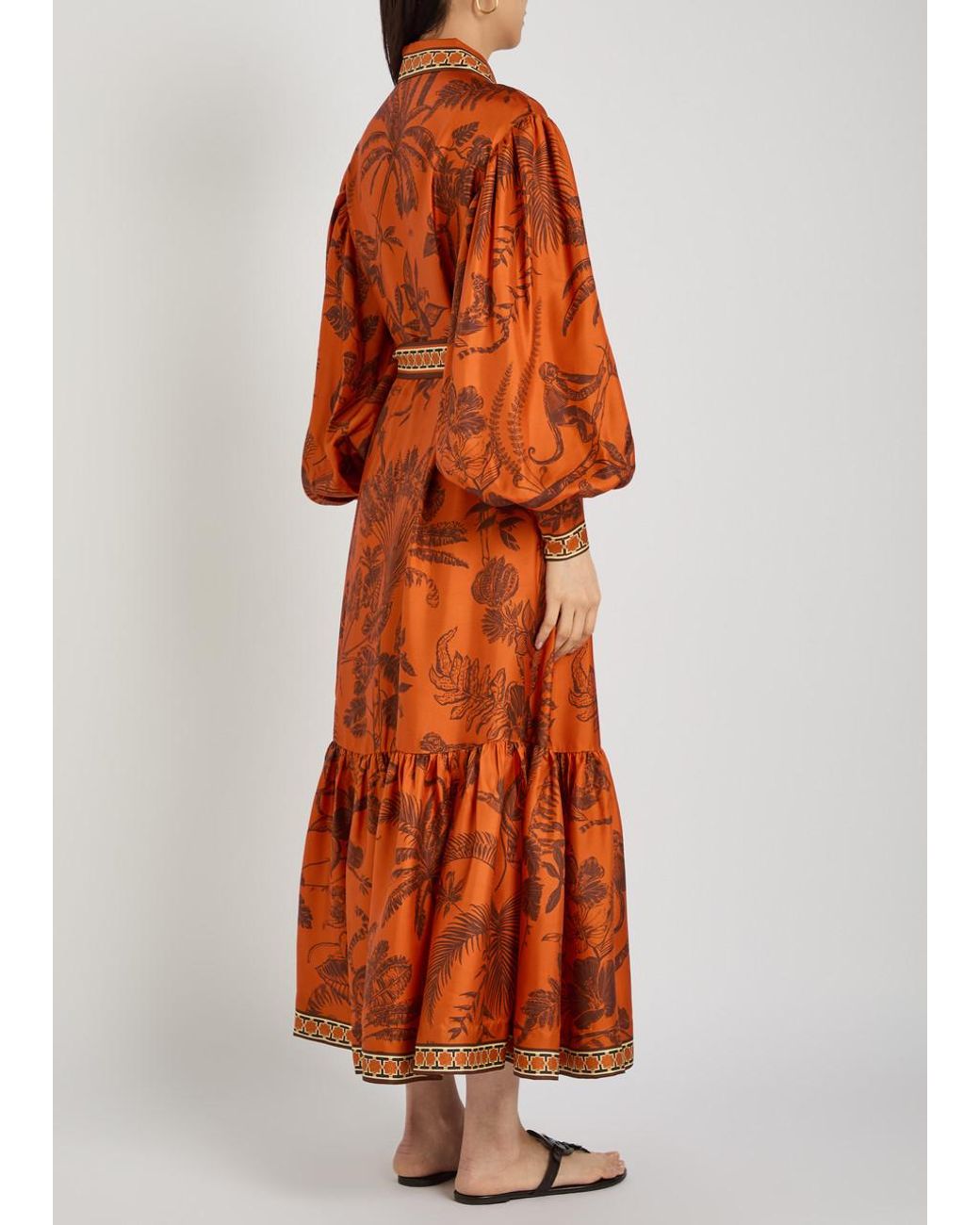 ALÉMAIS Orange Monkey Dance Printed Silk Midi Shirt Dress