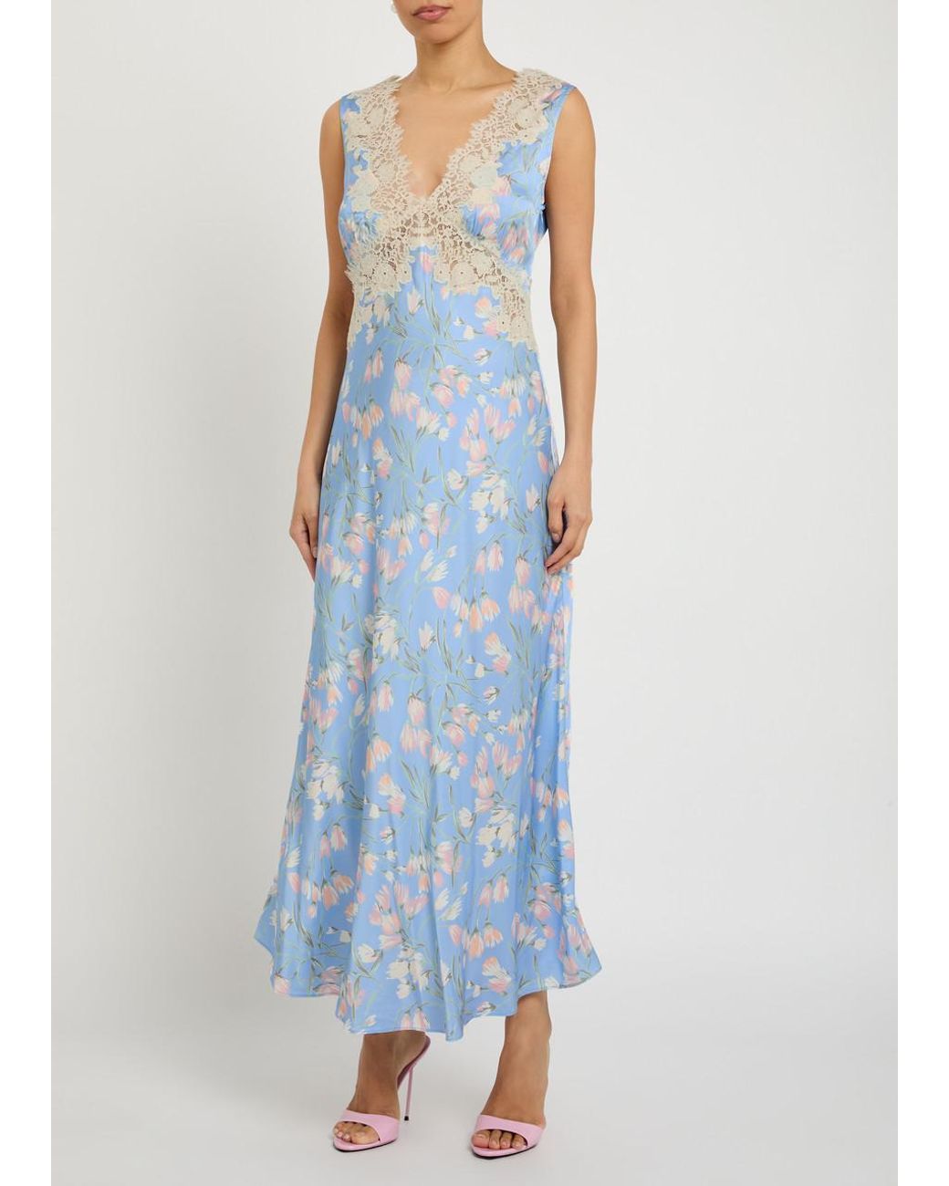 Rixo Blue Lysandra Floral-Print Satin Midi Dress