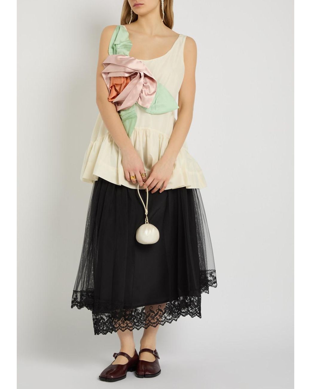 Simone Rocha Natural Rosette Appliquéd Peplum-Hem Taffeta Top