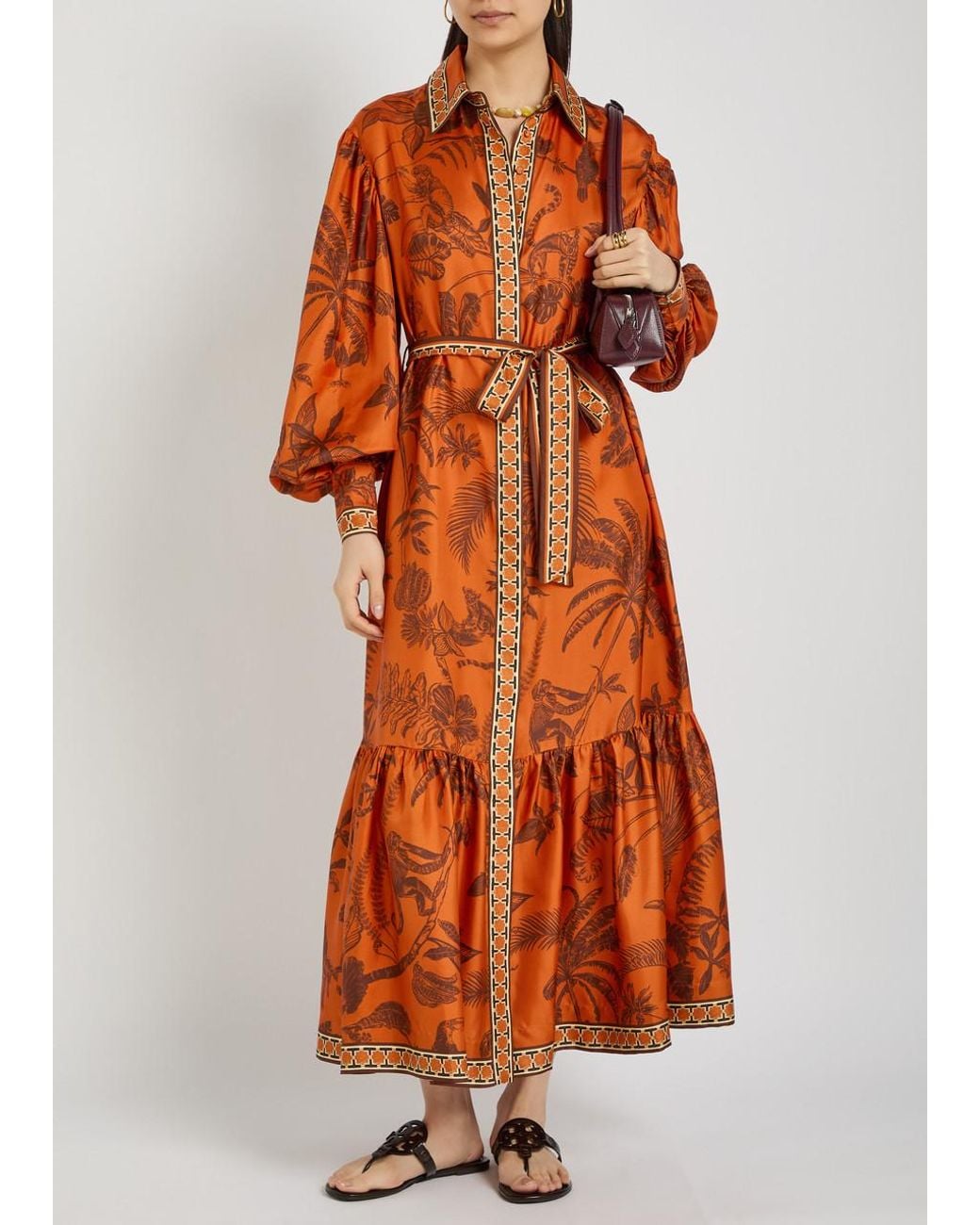 ALÉMAIS Orange Monkey Dance Printed Silk Midi Shirt Dress