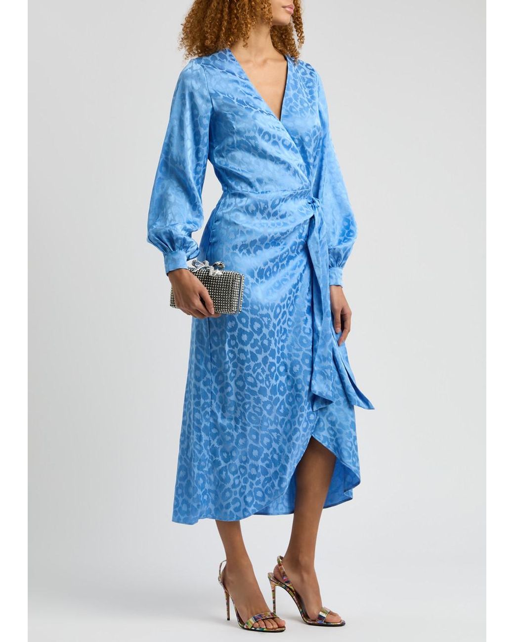 Never Fully Dressed Vienna Leopard-Jacquard Midi Wrap Dress in Blue | Lyst