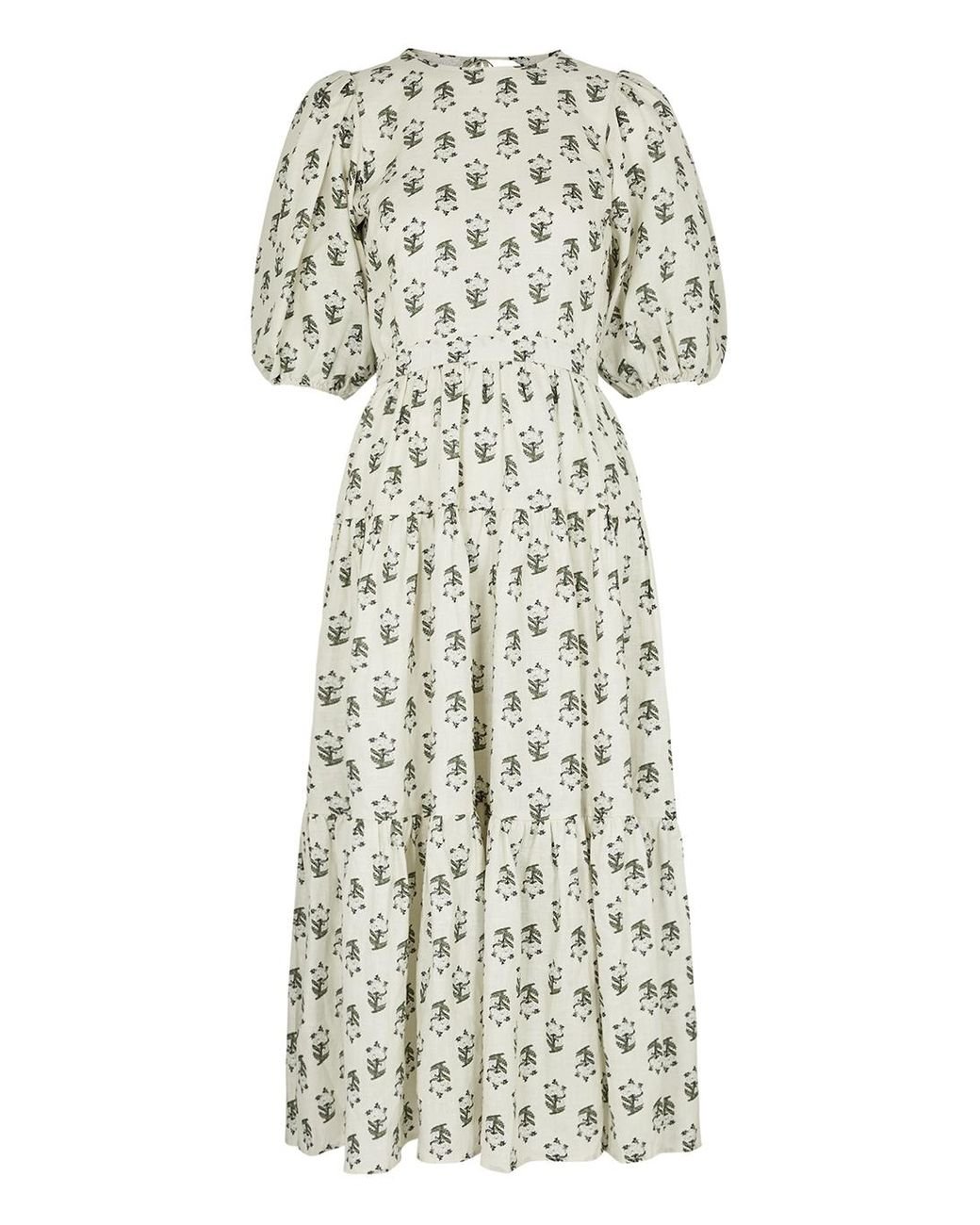 RHODE Maryam Floral-print Linen Midi Dress in White | Lyst