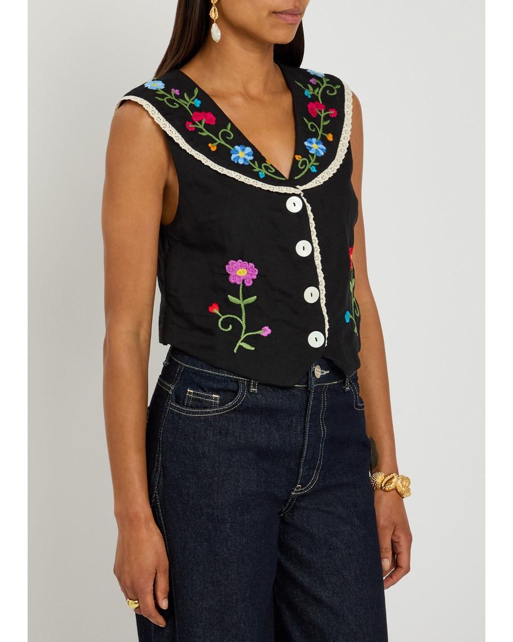 RIXO London Monica Ombre Floral-Embroidered Woven Top in Black | Lyst