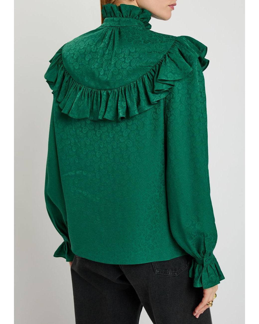 Saint Laurent Green Paisley-Jacquard Silk Blouse