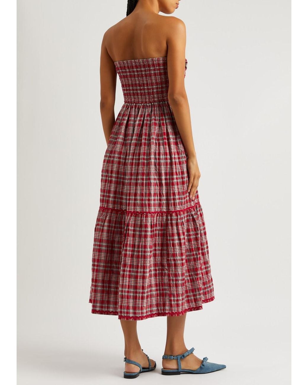 Damson Madder Pia Checked Cotton Midi Dress in Red | Lyst