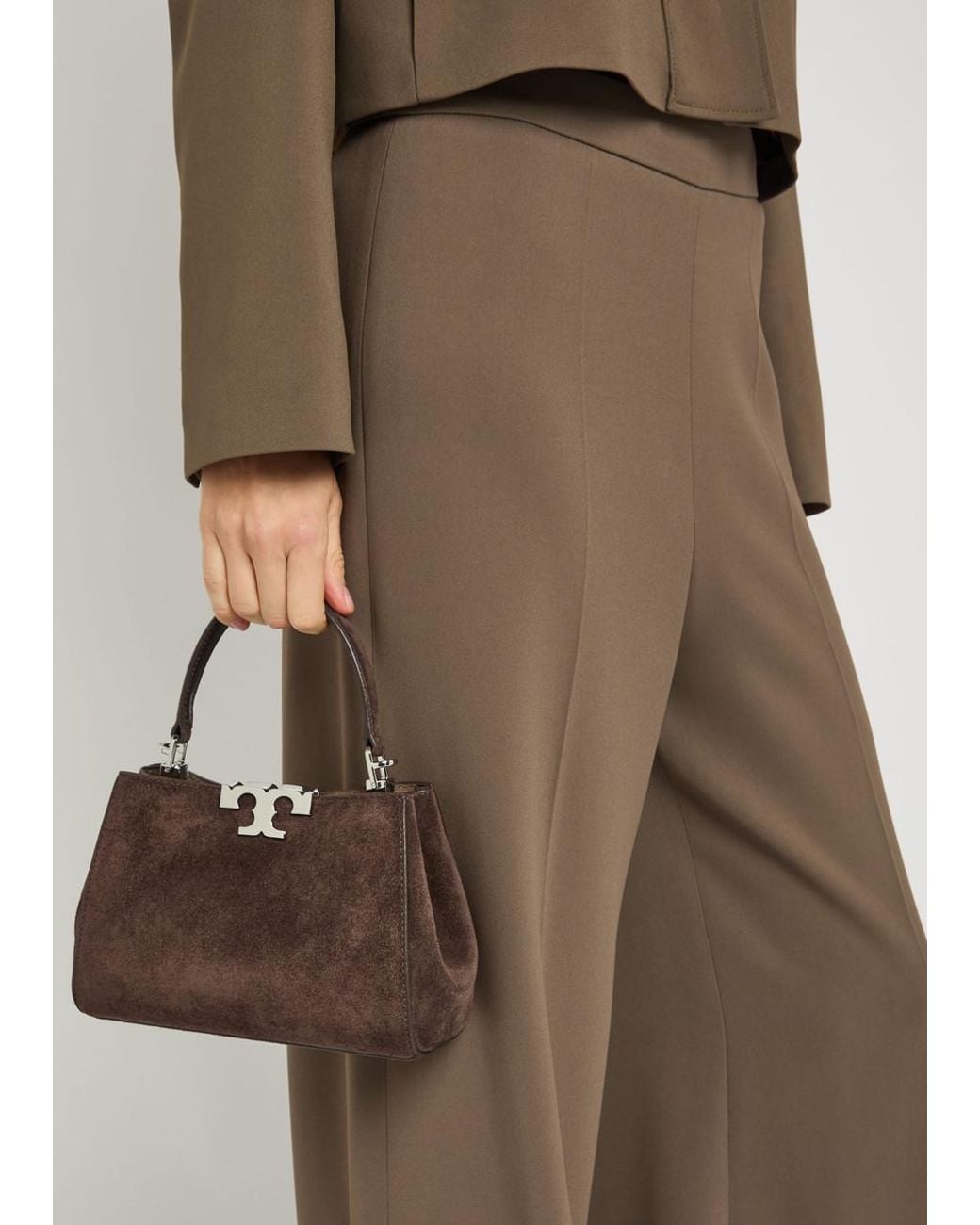 Tory Burch Brown Eleanor Mini T-Logo Suede Top Handle Bag