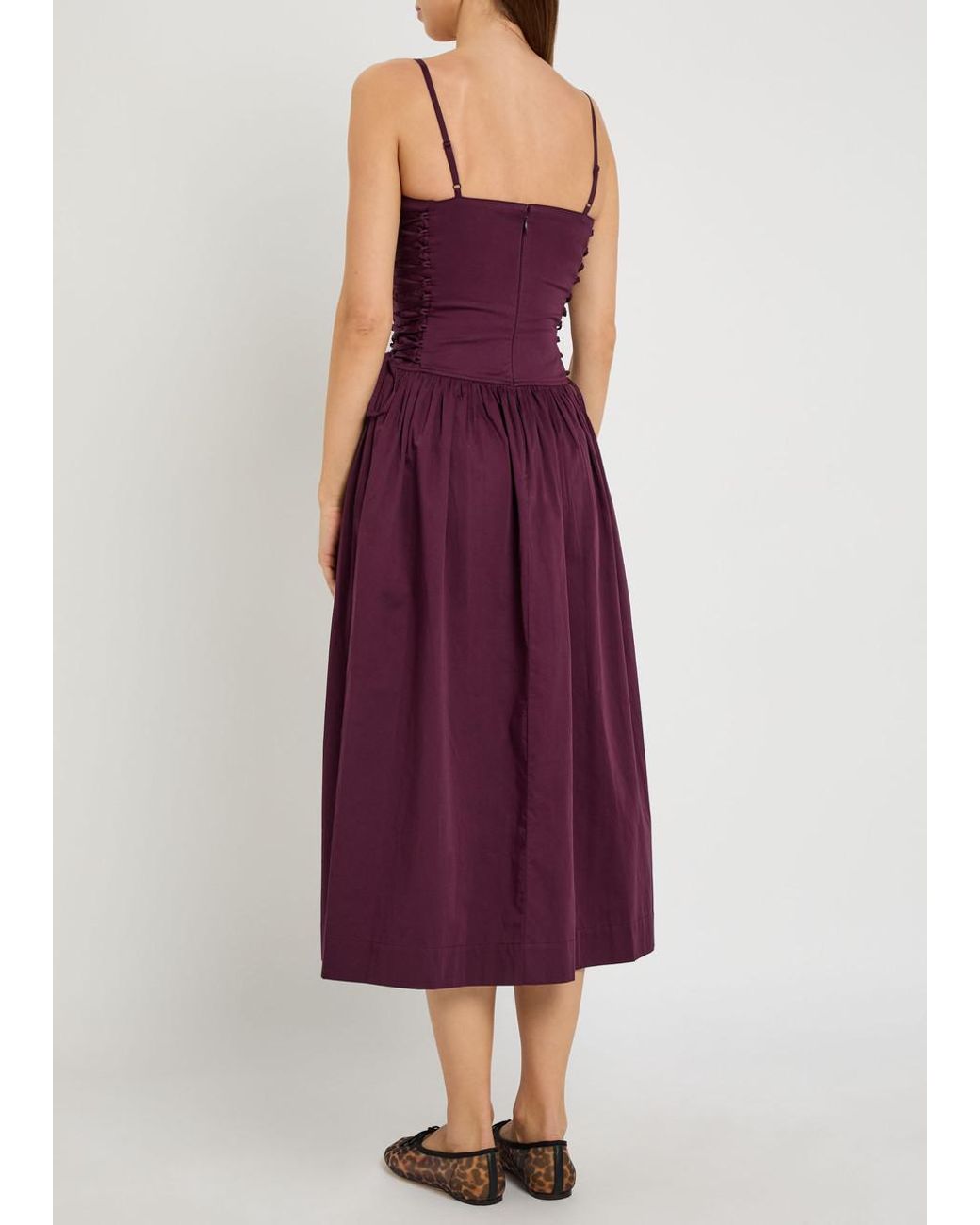 Damson Madder Angelina Lace-Up Cotton-Poplin Midi Dress in Purple | Lyst