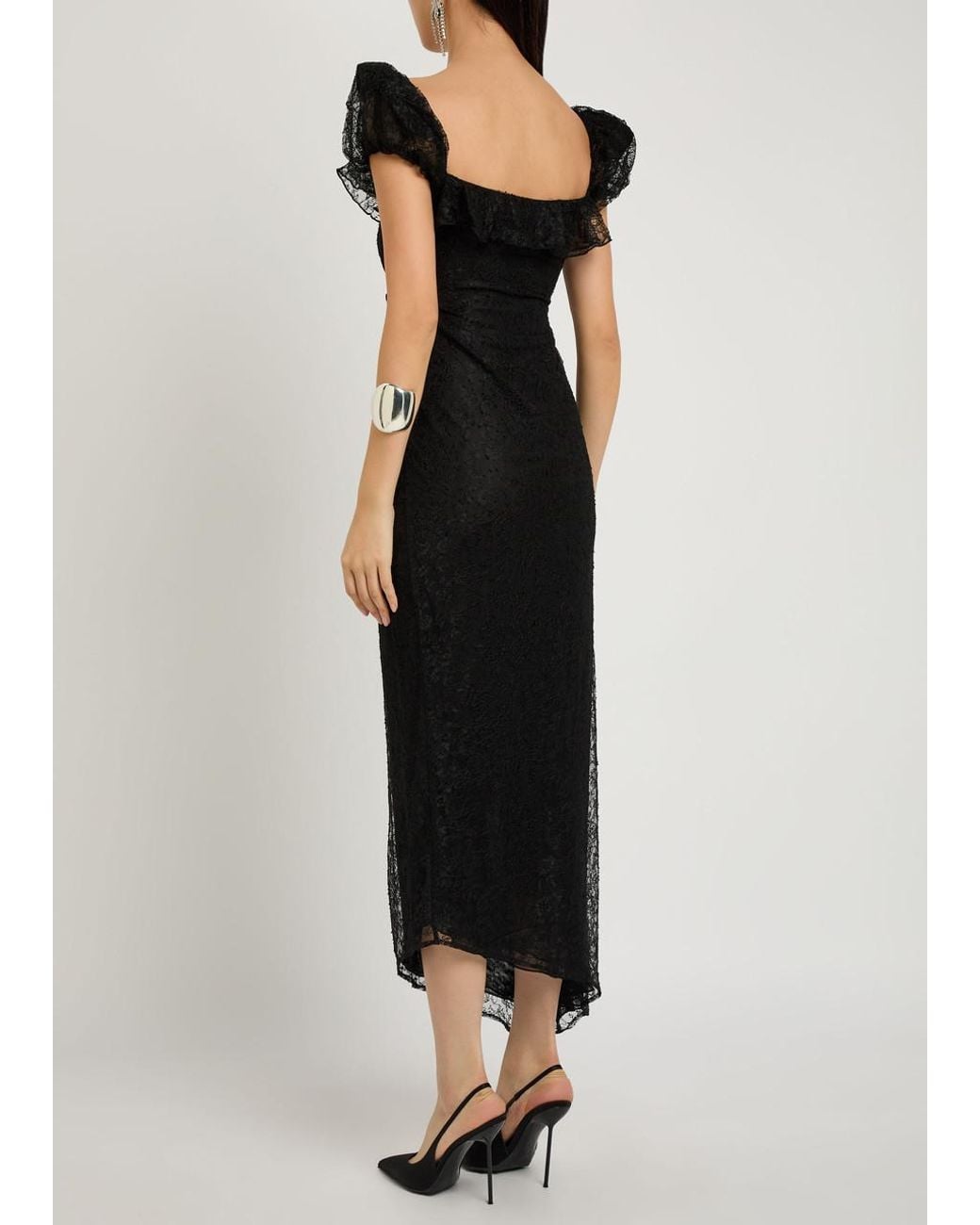 De La Vali Black Eden Ruffle-Trimmed Lace Midi Dress