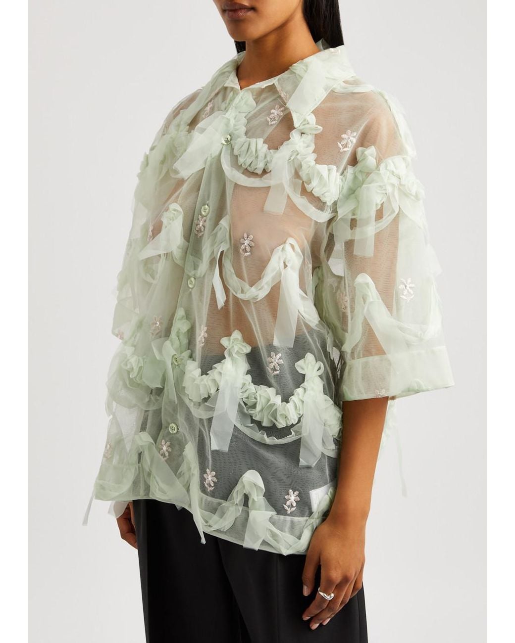 Simone Rocha Floral-Embroidered Ruffled Tulle Shirt in Green | Lyst