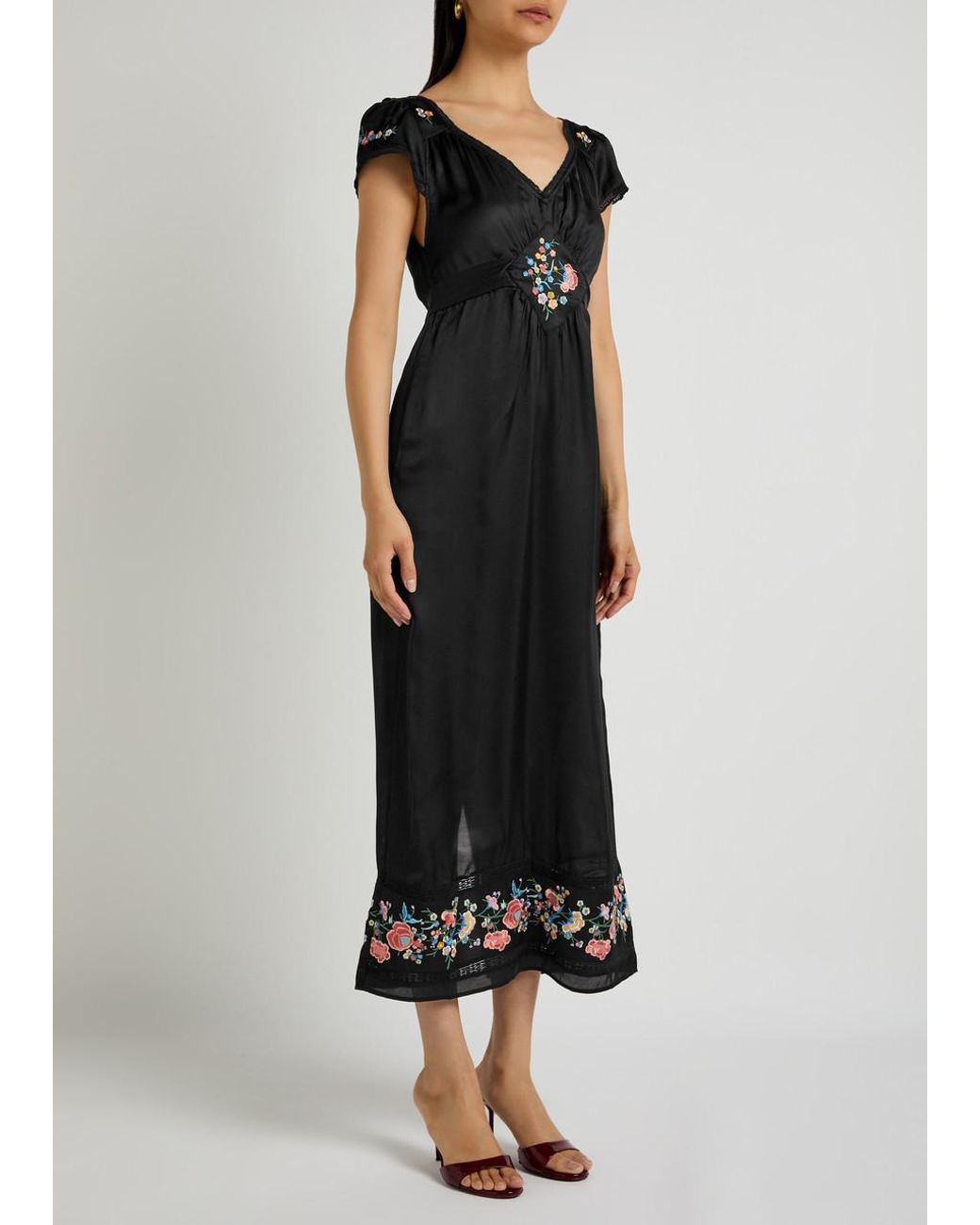 Rixo Black Carey Embroidered Satin Midi Dress