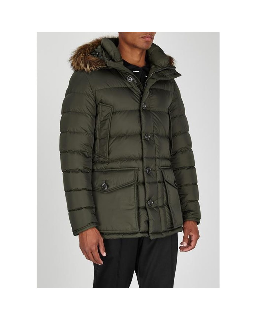 Moncler Cluny Green Fur-trimmed Quilted Coat for Men | Lyst