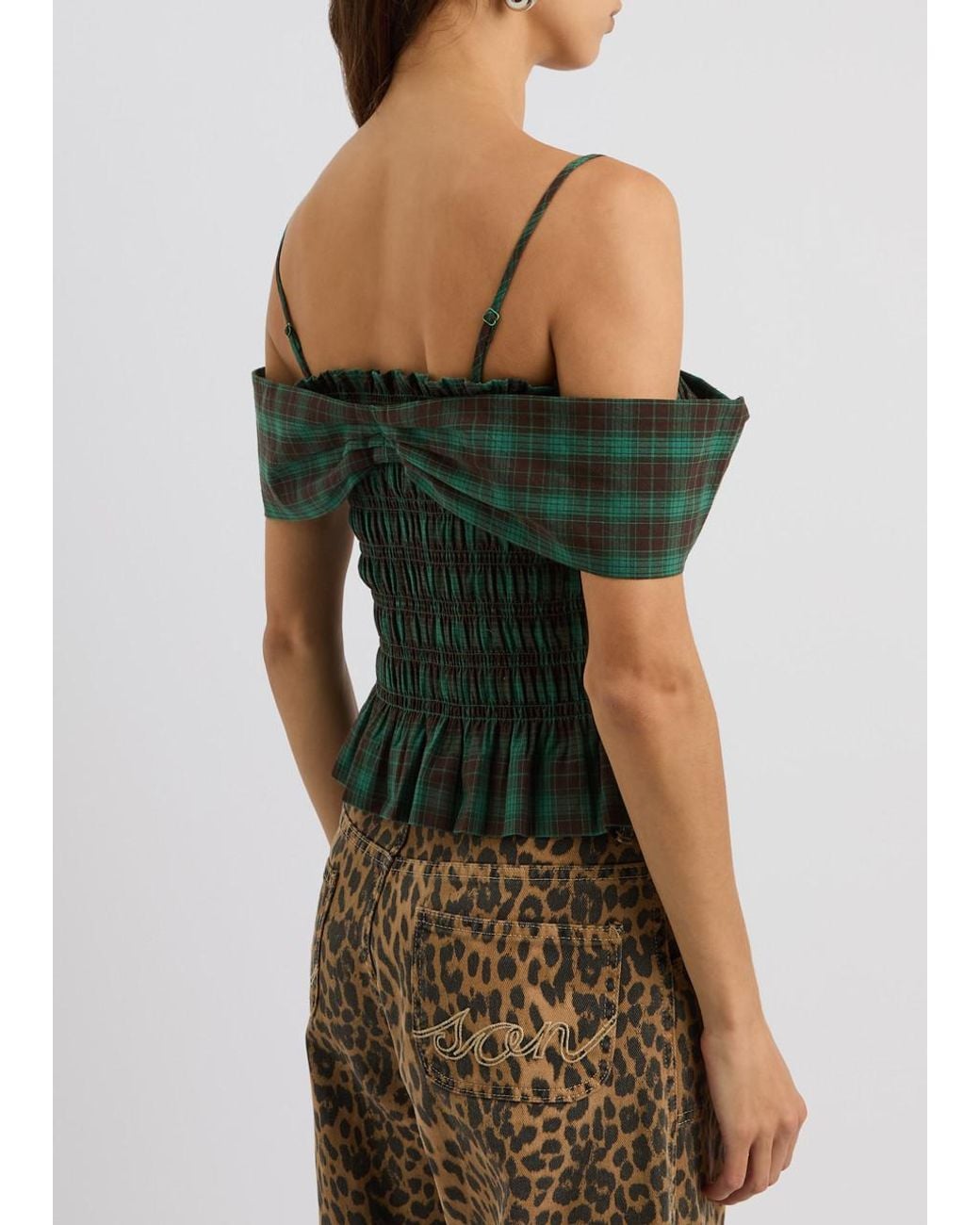 Damson Madder Elsa Smocked Checked Cotton Top in Green | Lyst