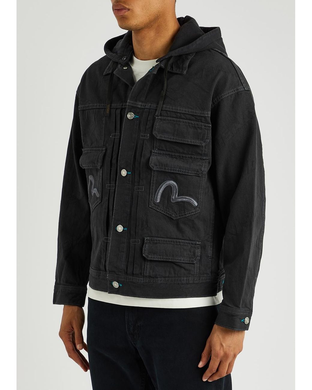 Evisu Logo-embroidered Hooded Denim Jacket in Black for Men | Lyst
