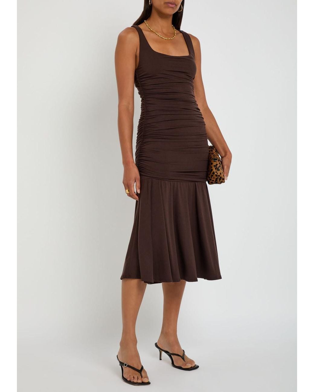 Reformation Brown Kayla Ruched Jersey Midi Dress