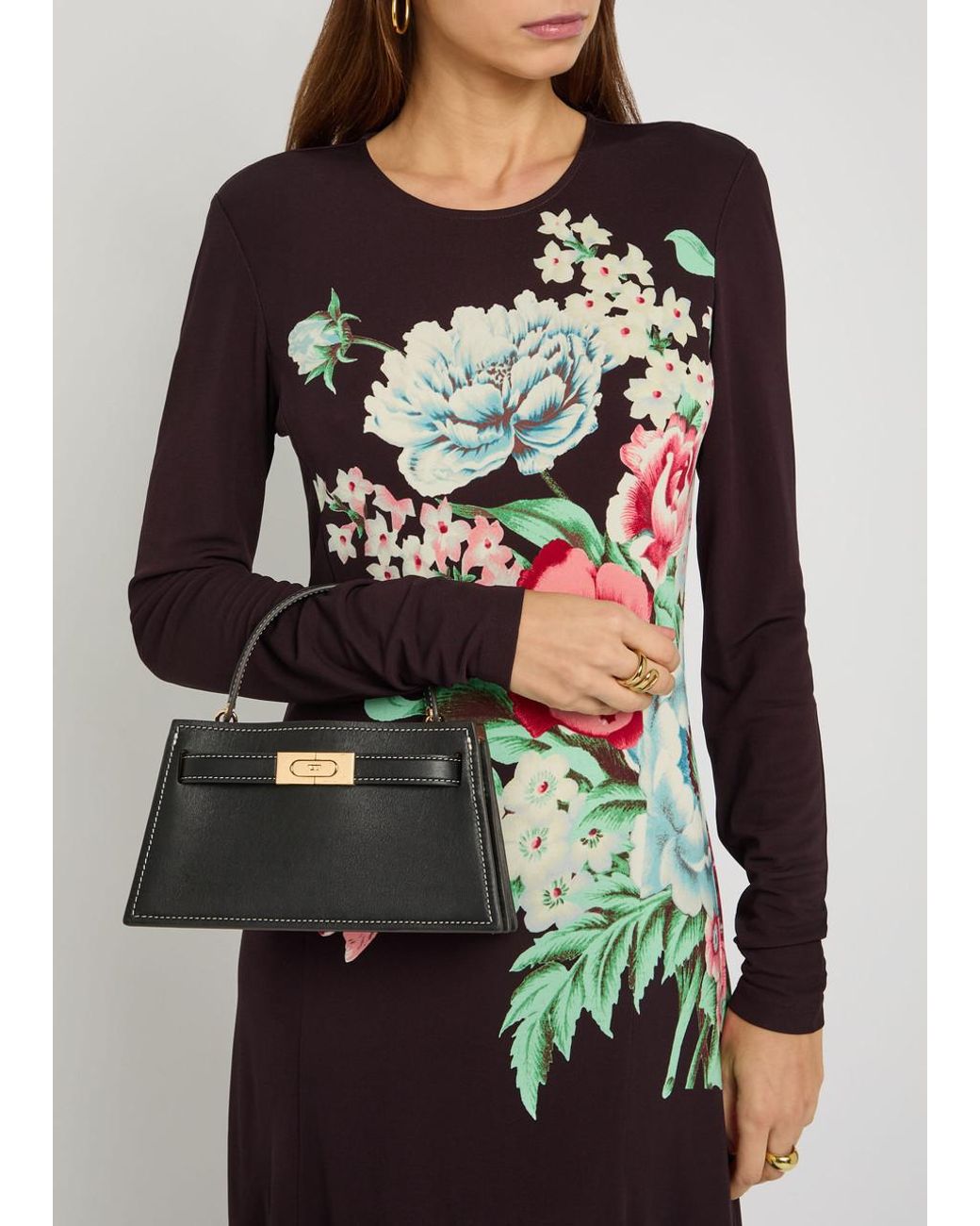 Tory Burch Black Lee Radziwill Mini Pebbled Leather Top Handle Bag