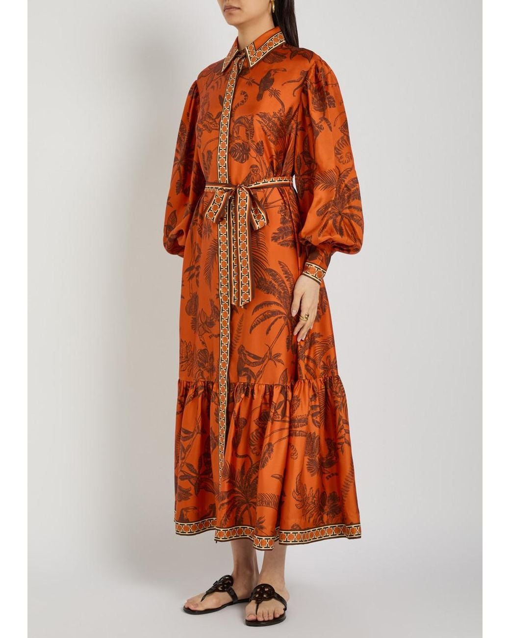 ALÉMAIS Orange Monkey Dance Printed Silk Midi Shirt Dress