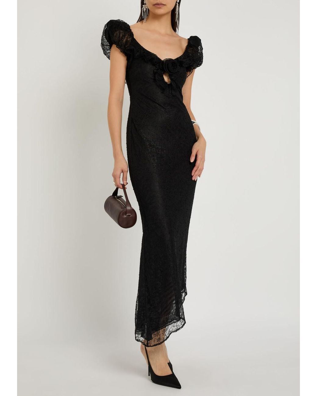De La Vali Black Eden Ruffle-Trimmed Lace Midi Dress