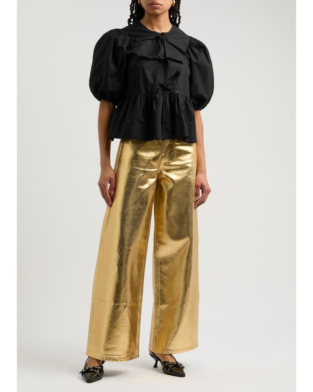 Ganni Black Tie-Front Cotton-Poplin Blouse