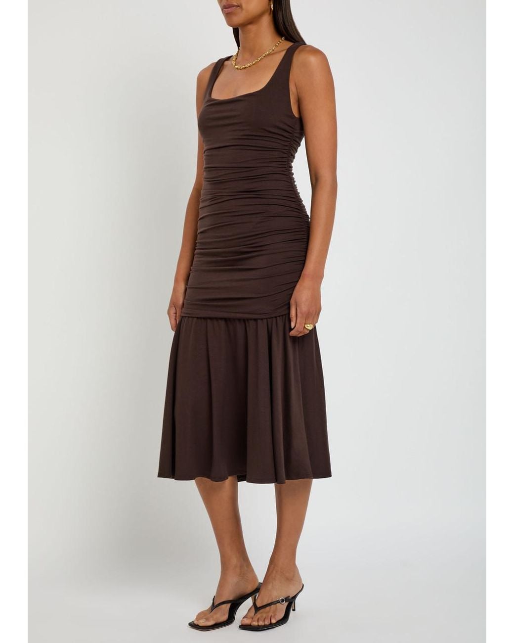Reformation Brown Kayla Ruched Jersey Midi Dress