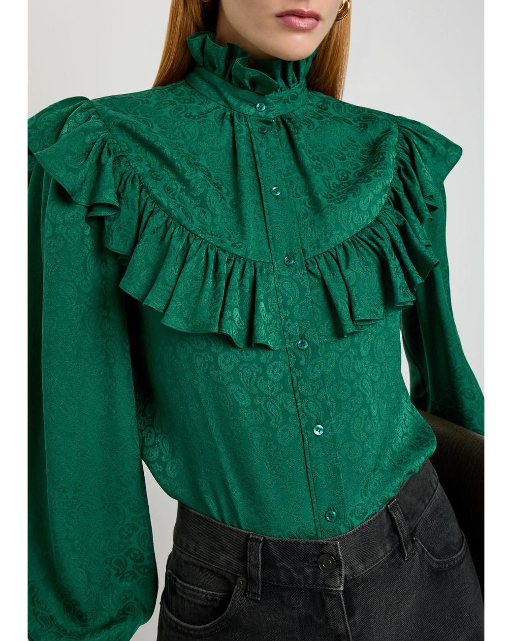 Saint Laurent Green Paisley-Jacquard Silk Blouse
