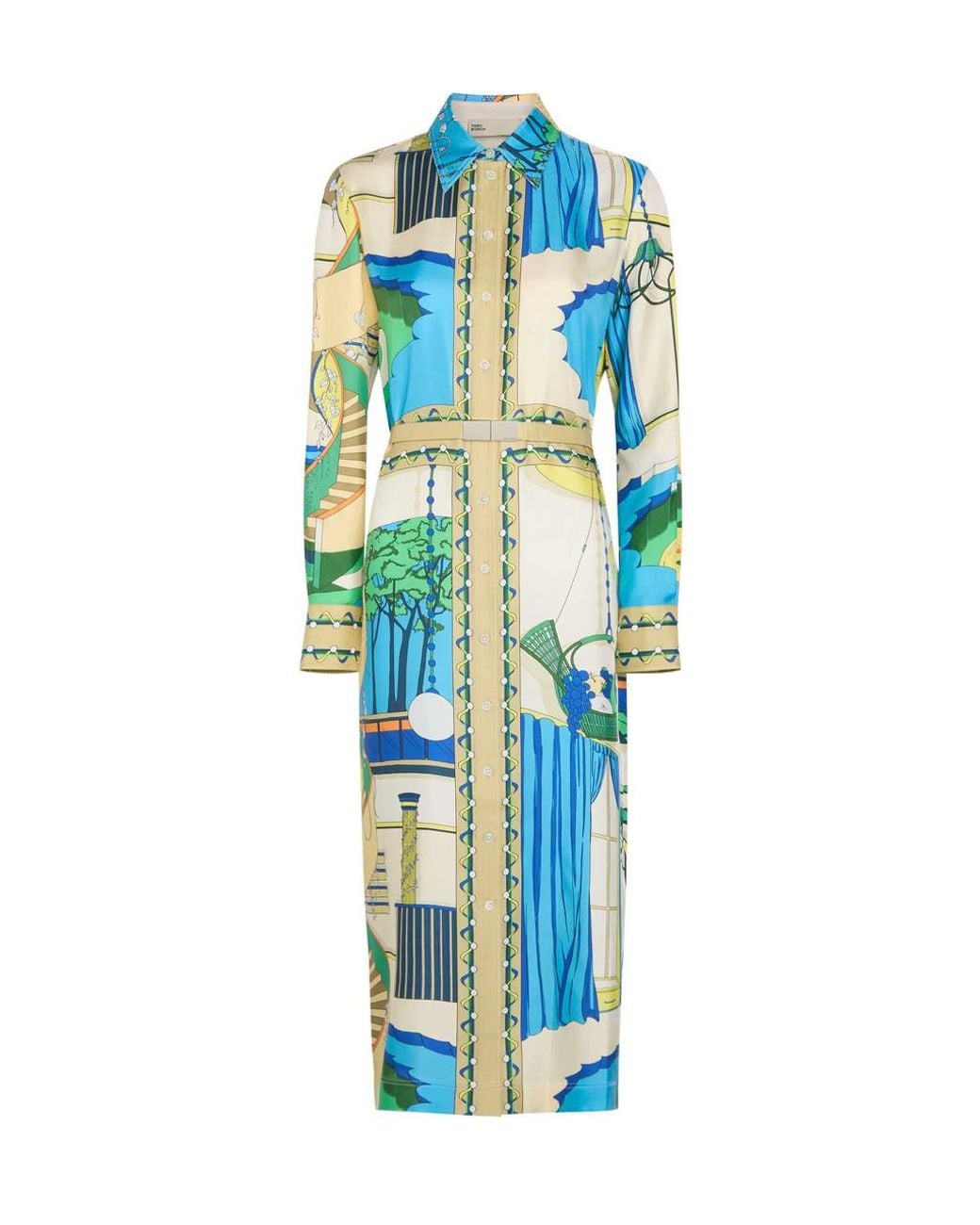 Tory Burch Blue Printed Silk Midi Shirt Dress