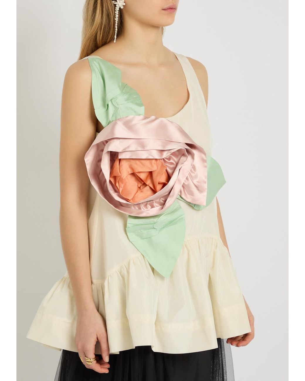 Simone Rocha Natural Rosette Appliquéd Peplum-Hem Taffeta Top