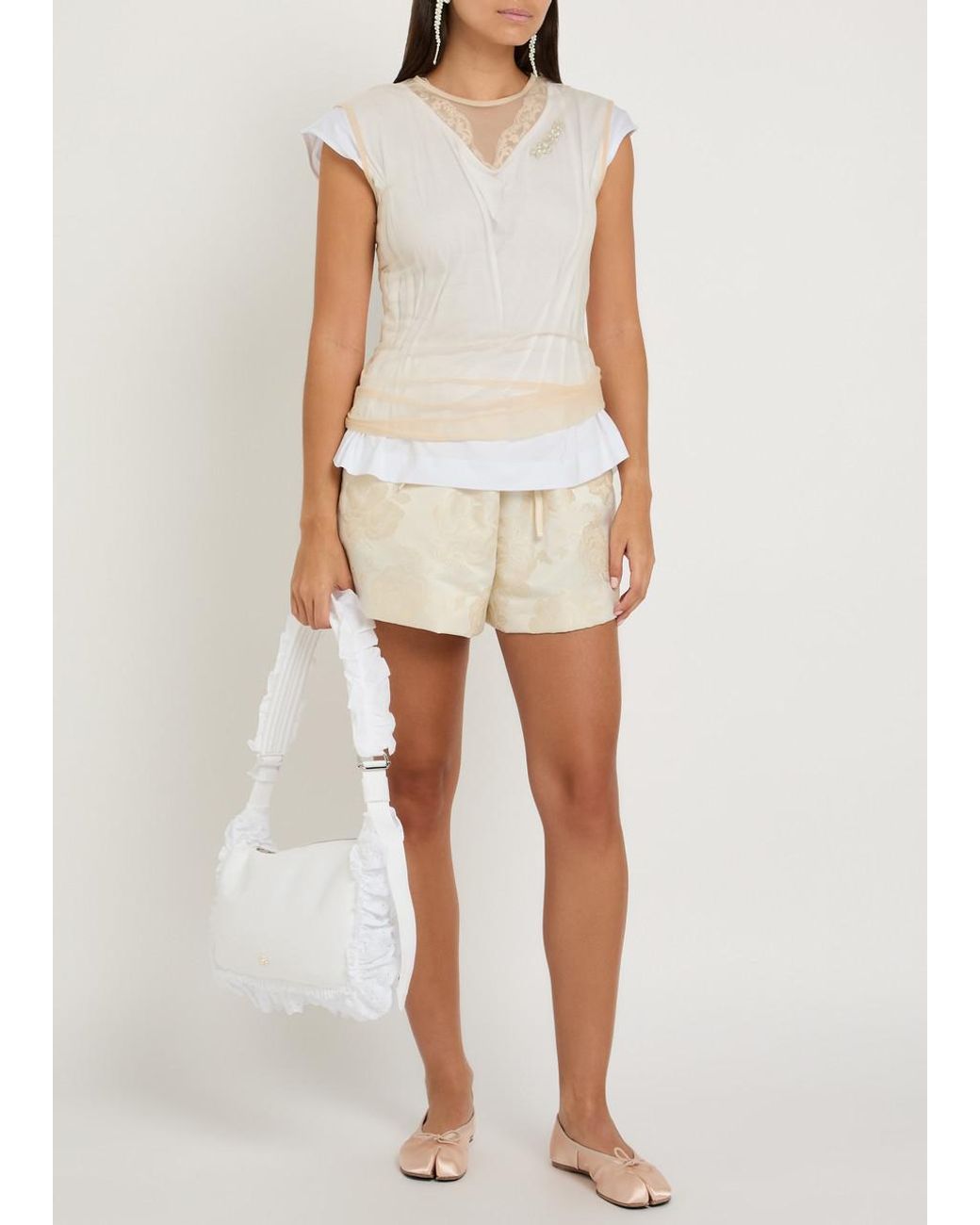 Simone Rocha Natural Floral-Jacquard Satin Shorts