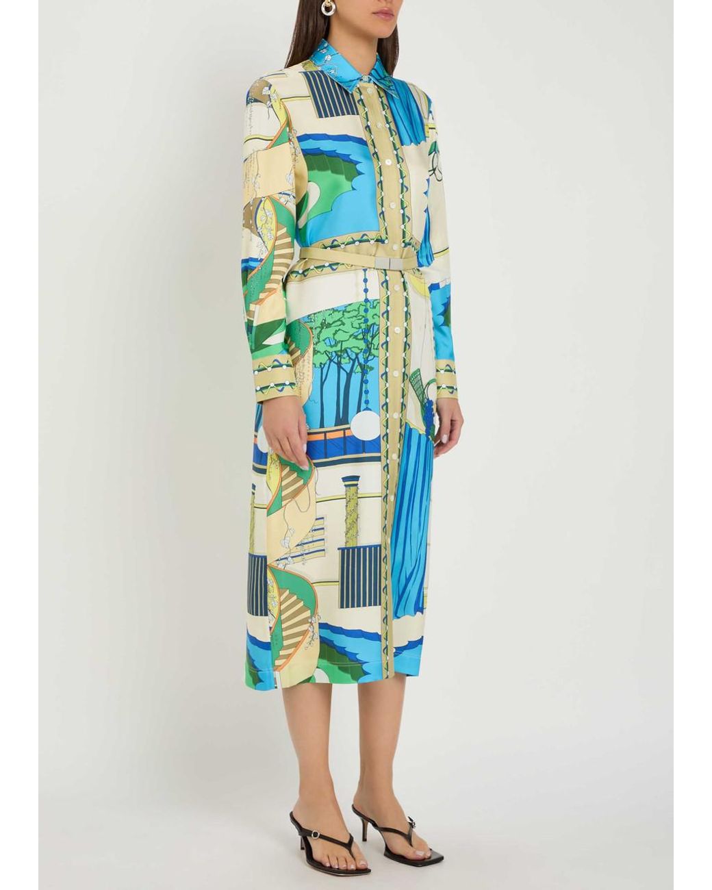 Tory Burch Blue Printed Silk Midi Shirt Dress