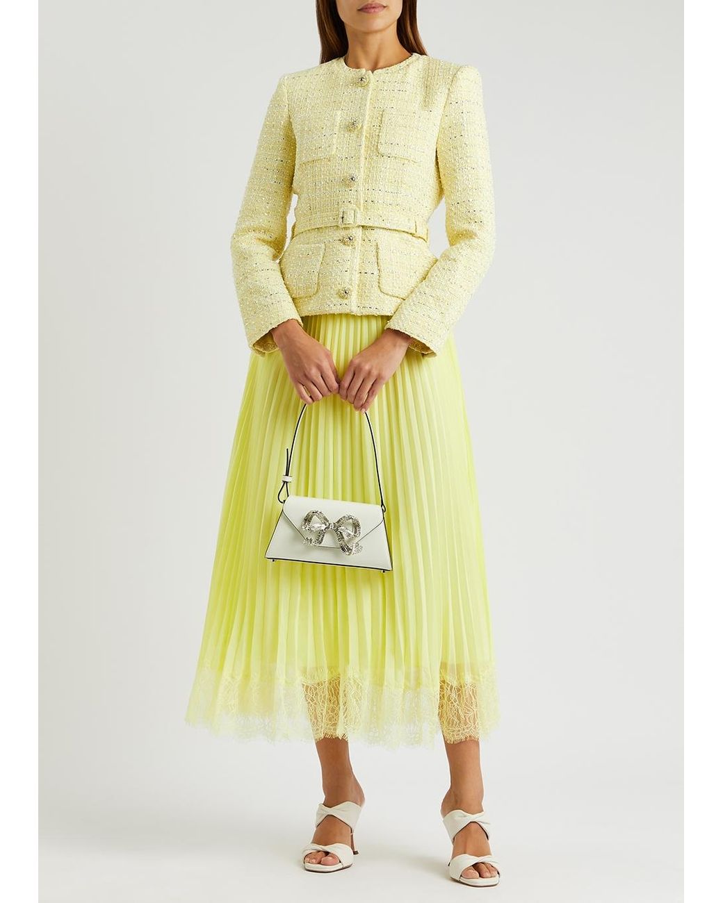 Self-Portrait Pleated Chiffon And Boucl-tweed Midi Dress in Yellow | Lyst