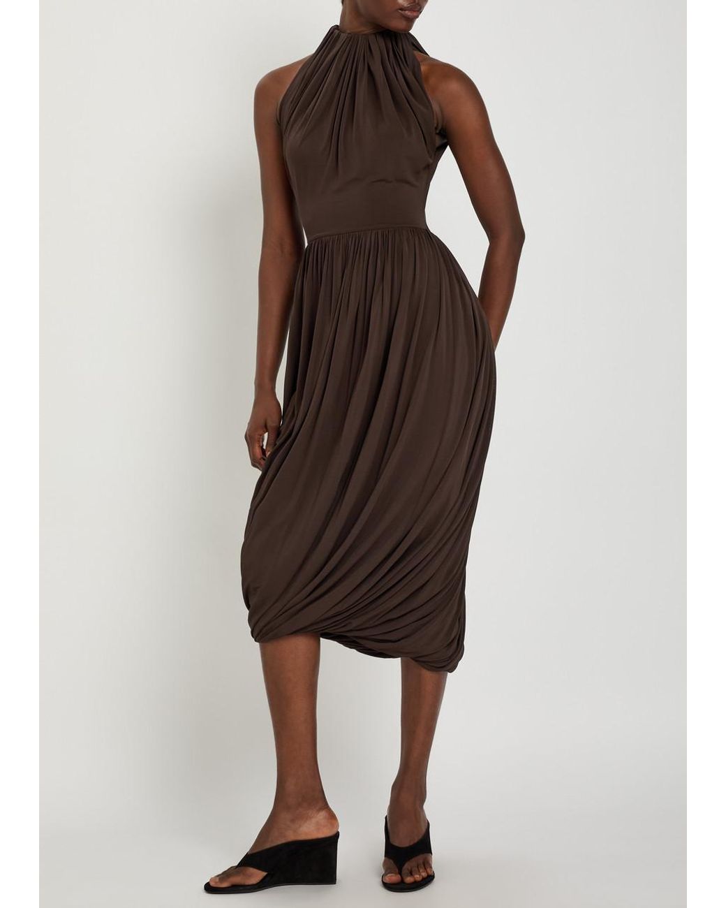 Alaïa Gray Sculpting Ruched Wool Midi Dress
