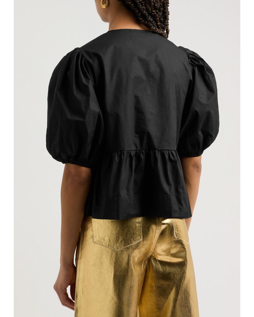 Ganni Black Tie-Front Cotton-Poplin Blouse