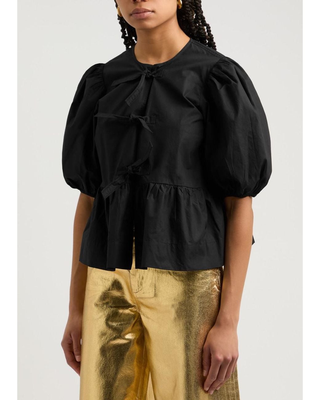 Ganni Black Tie-Front Cotton-Poplin Blouse