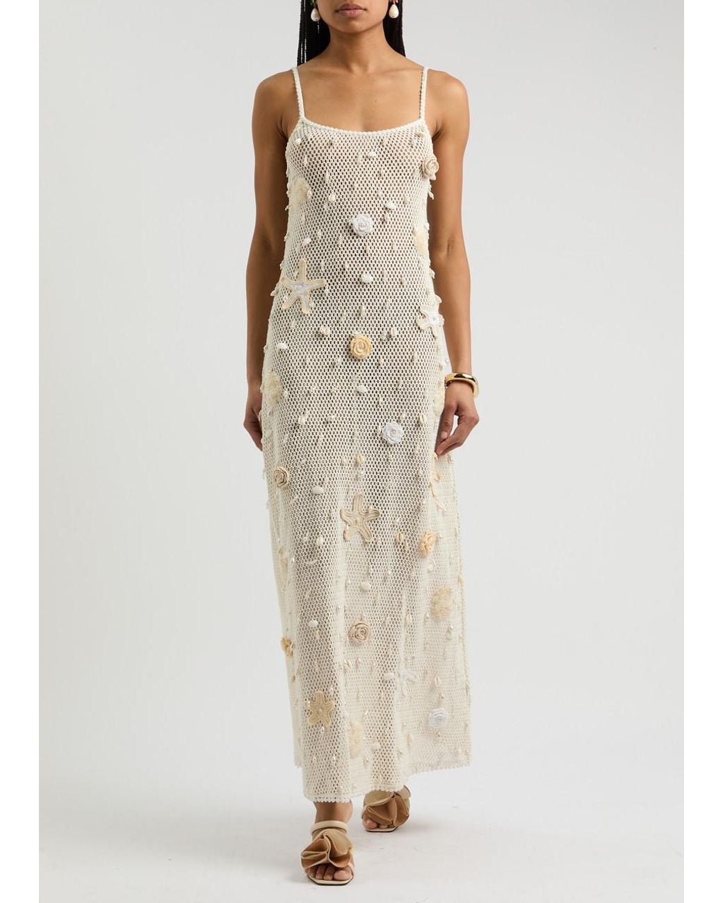 Leslie Amon Treasure Embellished Crochet Maxi Dress in White | Lyst
