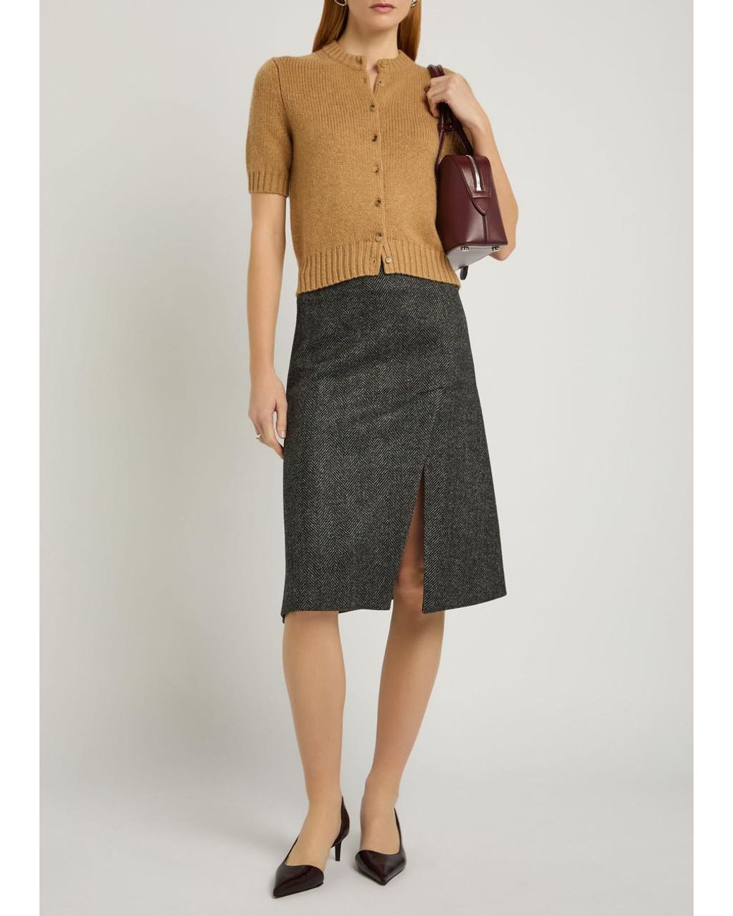 Stella McCartney Gray Herringbone Wool Knee-Length Skirt