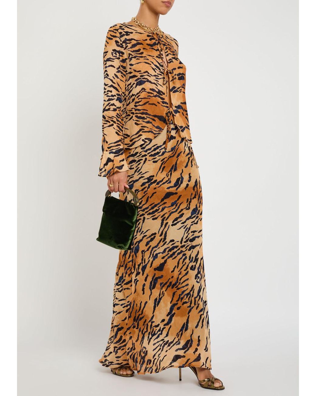 Never Fully Dressed Metallic Dorris Tiger-Print Chiffon Maxi Skirt