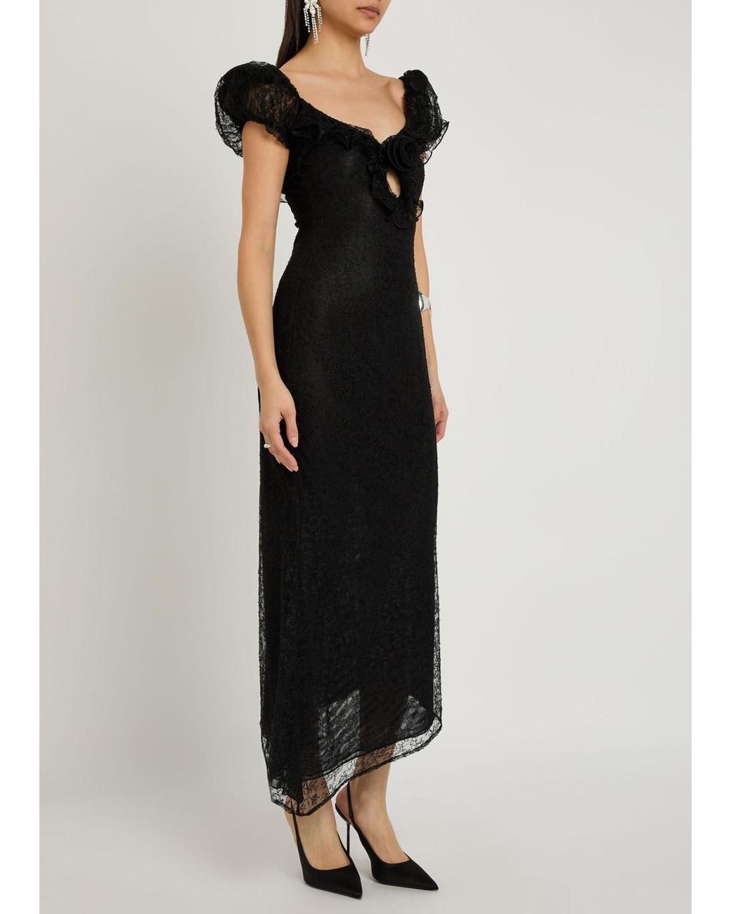 De La Vali Black Eden Ruffle-Trimmed Lace Midi Dress