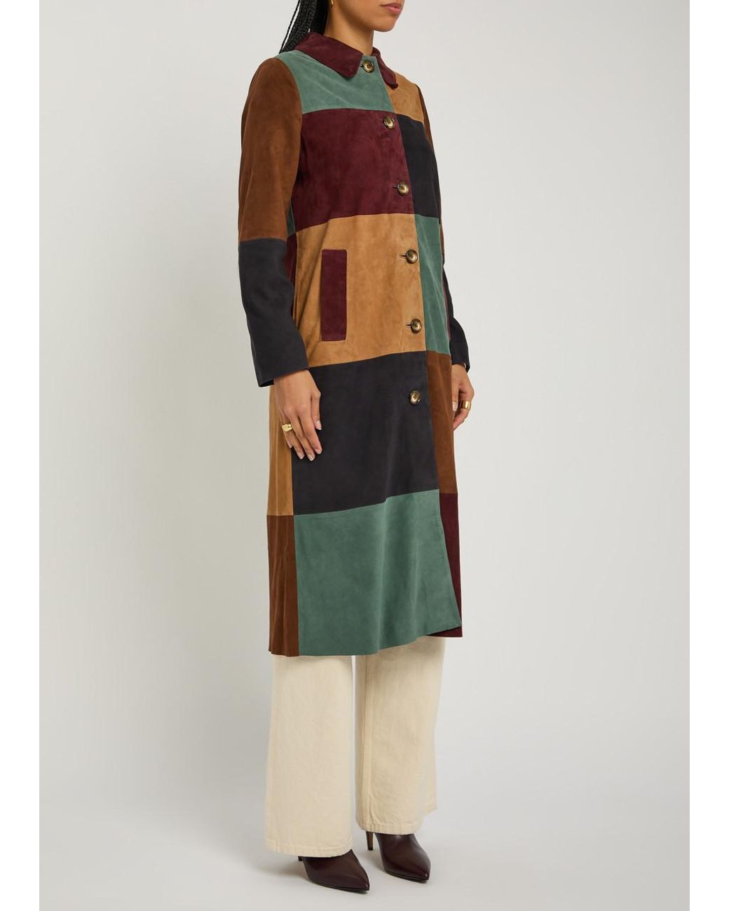 Rixo Green Milly Patchwork Suede Coat