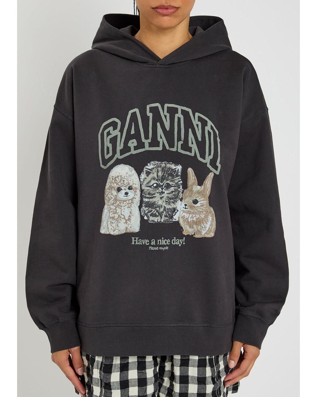Ganni Black Printed Hooded Cotton Sweatshirt