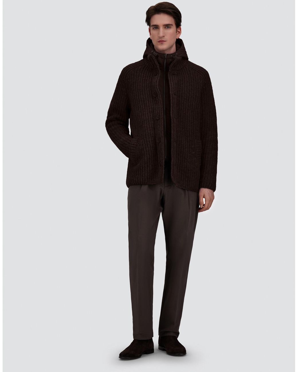 Herno Brown Wool Jacket With Raised Texture And Cable-Knit Detailing for men