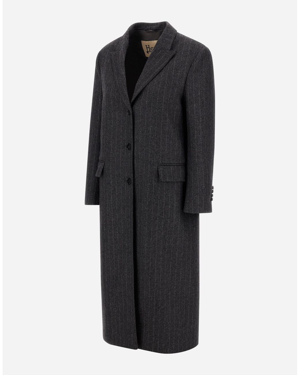 Herno Black Wool Cloth Coat With Pinstripe Pattern